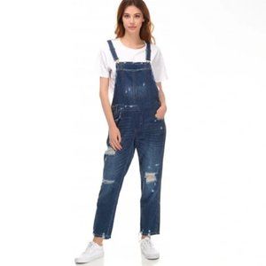 Zara Trafaluc Dark Wash Distressed Straight Leg Raw Hem Jean Overalls Sz M